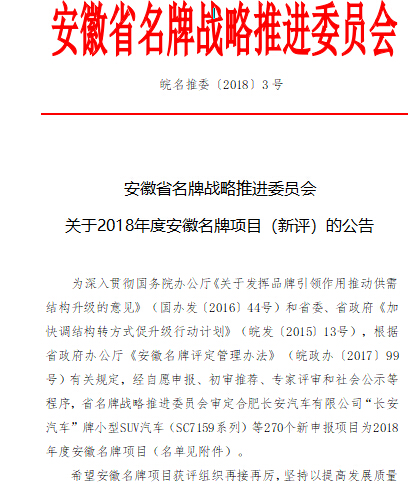 安徽省名牌戰(zhàn)略推進(jìn)委員會(huì)關(guān)于公布2018年度安徽名牌項(xiàng)目的公告