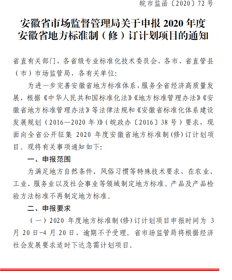 申報2020年度安徽省地方標準制（修）訂計劃項目