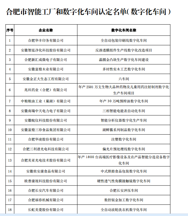 合肥市數(shù)字化車(chē)間名單